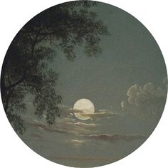 an image of a full moon setting in the sky with clouds and trees around it