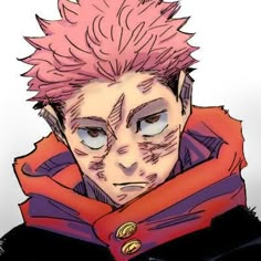 an anime character with pink hair wearing a red jacket and black pants, looking at the camera