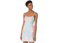 Lilly Pulitzer Shelli Stretch Dress - Women's Dress : Multi Tropical Punch : Add the Lilly Pulitzer Shelli Stretch Dress as a staple to weekend wardrobe. It has super soft fabric, is extremely comfortable and will definitely brighten up the day with lace details for a super flirty feel. Exposed back zip with tied back closure. Sweetheart neckline with adjustable shoulder spaghetti straps. Lace trim down the front center. Above the knee length. 97% cotton, 3% spandex. Imported. Measurements: Leng Casual Strappy Fitted Sundress, Casual Fitted Strappy Sundress, Spring Casual Strappy Sundress, Casual Strappy Mini Dress For Daywear, Casual Strappy Sundress For Spring, Casual Strappy Mini Dress For Day Out, Casual Strapped Mini Dress For Daywear, Casual Sundress With Straps For Daywear, Casual Strap Dresses For Daywear