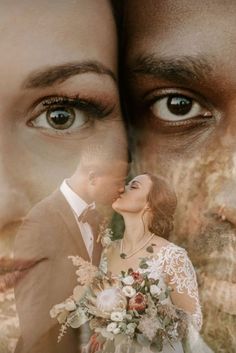 a man and woman are kissing in front of an artistic background with their eyes open