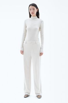 Chic Cream Pants With Straight Hem, Elegant Winter Bottoms With Straight Hem, Cream Formal Bottoms For Fall, Formal Cream Bottoms For Fall, Tailored Cream Wide-leg Pants, Cream Fitted Ankle-length Wide Leg Pants, Fitted Cream Ankle-length Wide Leg Pants, Fitted Ankle-length Cream Wide Leg Pants, Elegant Cream Pants With Straight Hem