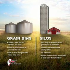 an advertisement for grain bins and silos in the middle of a grassy field