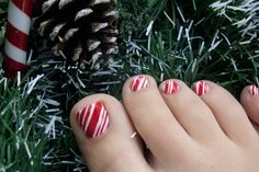 Candy Cane Toenails, Candy Cane Toe Nail Designs, Candy Cane Pedicure, Candy Cane Toes Nails, Christmas Toenail Designs, Christmas Toe Nail Designs Toenails, Christmas Toenails Pedicures, Pedicure Ideas Winter Toenails, Pedicure Christmas