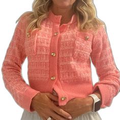 Spring Fitted Textured Knit Cardigan, Spring Textured Knit Fitted Cardigan, Trendy Textured Knit Cardigan For Day Out, Pink Cardigan, Gold Buttons, Bright Pink, Pink Ladies, Sweaters & Cardigans, Cardigans