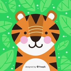 a cartoon tiger with green leaves around it's neck and eyes, on a green background