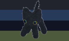 a black dog with green eyes standing in front of a blue and black striped background