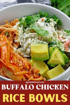 this buffalo chicken rice bowl is loaded with shredded carrots, avocado and cilantro