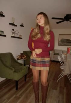 Thanksgiving Outfit Burgundy, Brown Boots With Skirt Outfit, Apple Picking Outfit Hot Day, Thanksgiving Outfits Skirt, Skirt And Sweater Winter Outfit, Knee High Boots Brown Outfit, Sweater Outfits With Boots, Vintage Knee High Boots Outfit, Christmas Outfit Uggs