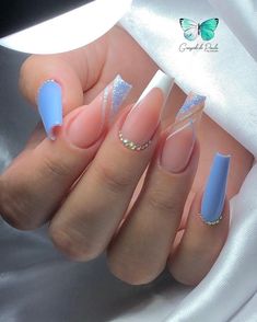 #fyp #viralpost Blue And White Nails, Blue Acrylic Nails, Love Pattern, Coffin Press On Nails, Fake Nails With Glue, Nails French, Nail Arts, Gel Manicure, Long Acrylic Nails