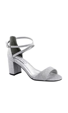 Silver block heel formal shoes by Touch Ups with 2 1/4in heel Sparkly Wedding Shoes, Silver Block Heels, Formal Shoe, Silver Glitter Heels, Ankle Strap Chunky Heels, Heel Accessories, Criss Cross Sandals, Satin Shoes, Prom Heels