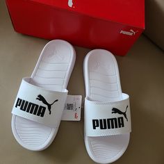 Puma Slides. New Puma Slippers, Pink Puma Sneakers, New Puma Sneakers, Puma Slides, Puma Tennis, Puma Tennis Shoes, Puma Vikky, Spring Shoes Women, Slides Outfit