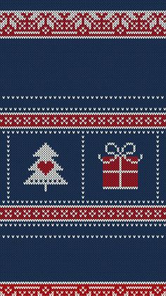 a blue and red knitted christmas sweater with presents