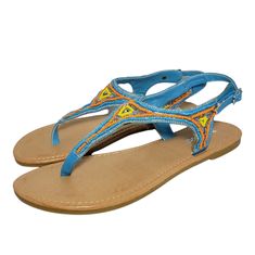 New Bamboo Sequoia Turquoise Women's Beaded Sandals Purchased On Poshmark, But Never Wore Them. Super Cute! Thong Style Multi-Color Beaded Design Color: Turquoise/Yellow/Orange Size: 8 New In Box A3811 Blue Beaded Sandals For Vacation, Blue Beaded Open Toe Sandals, Blue Beaded Sandals For Beach, Blue Beaded Adjustable Sandals, Blue Open Toe Sandals For Festival, Blue Bohemian Sandals For Vacation, Bohemian Blue Sandals For Vacation, Bling Sandals, Lace Up Gladiator Sandals