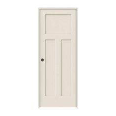 a white door on a white wall with black knobs and an open side panel