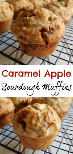 some muffins are cooling on a wire rack with the words caramel apple sourdough muffins