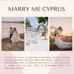 a flyer for a wedding with photos of the bride and groom in front of water