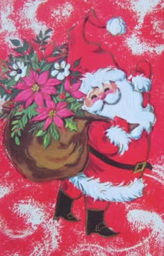 a painting of santa claus carrying a sack of poinsettis