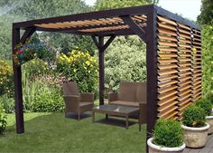 a wooden pergolan sitting on top of a grass covered field next to potted plants