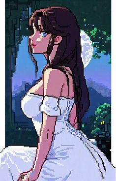 an animated image of a woman in a white dress with long dark hair wearing a tiara