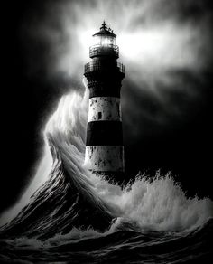 a black and white photo of a lighthouse in the ocean