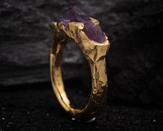 Amethyst ring, made with solid brass and gold filled with 3 micron of 24 k gold. Made using sand cast technique, getting a unique piece. After cast, we set amethyst points.  SIze 15 Al rings are made one by one, and this is a unique piece. Shipped by DHL express. Rustic Ring, Rustic Rings, Amethyst Point, Raw Amethyst, Ring Unique, Amethyst Ring, Dhl Express, Rings Statement, Unique Rings