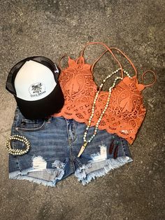 You can't go wrong with a lace bralette, cutoff shorts, and the perfect accessories for an amazing summer outfit! Cutoff Shorts, Cut Off Shorts, Lace Bralette, Summer Outfit, Summer Vibes