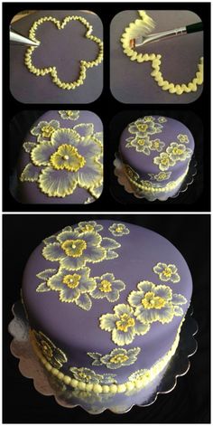 four pictures show how to decorate a cake with yellow flowers on the top and bottom