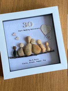 a couple of rocks sitting on top of a wooden table next to a white frame