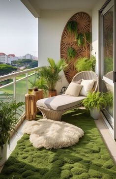 a balcony with a chair, rug and potted plants