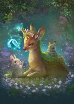 two rabbits and a deer are sitting in the grass with flowers on their head, surrounded by bluebells