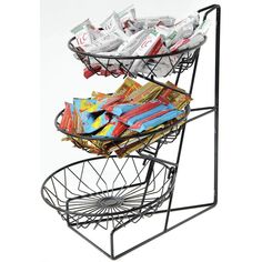 two tiered wire basket with snacks in it