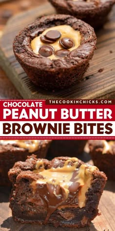 chocolate peanut butter brownie bites on a cutting board with the words, chocolate peanut butter brownie bites