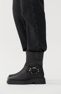 Maximize the moto appeal of your look with this harness-strap boot featuring a square toe and sturdy block heel. 1 3/4" heel 11 3/4" shaft Pull-on style Leather upper and lining/synthetic sole Imported Engineer Boots, Boot Straps, Nordstrom Store, Moto Boots, Anniversary Sale, New Shoes, Block Heels, Womens Boots, Leather Upper