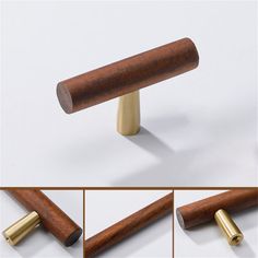 four different views of a wooden handle with brass fittings on each side and the other side