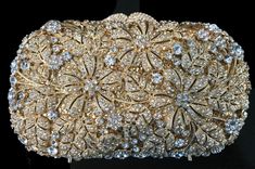 New Gorgeous...Gold Floral With With Clear Austrian Floral Rhinestone Hard Clutch Handbag Gold Bedazzled Wedding Bag, Gold Bedazzled Bags For Wedding, Bedazzled Gold Bags For Wedding, Crystal Lips, Vintage Evening Bags, Rhinestone Clutch, Sparkle Wedding, Bridal Clutch, Beaded Handbag