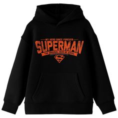 Stay warm and cozy as you celebrate your favorite superheroes with this Superman sweatshirt. The hoodie features an image of the hero's logo under red letters that spell out, "My Hero Since Forever, Superman, The Original Man of Steel." The sweatshirt comes in black with a double-lined hood and a large pouch pocket. Superman fans will love this comfy and cozy hoodie. Superman Hoodie, Comic Superman, Hero Logo, Black Hooded Sweatshirt, Red Letters, Gym Fashion, Large Pouch, Man Logo, Dc Comic