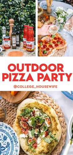 an outdoor pizza party with blue and white plates, sauces and condiments