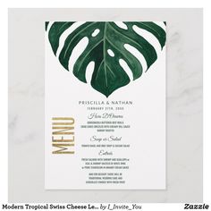 the tropical wedding program card is printed on white paper with gold foil and green leaves