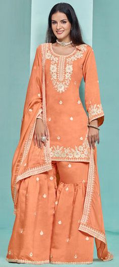 Orange color Salwar Kameez in Chanderi Silk fabric with Embroidered, Resham, Sequence, Thread work Gharara Suits, Salmon Orange, Punjabi Outfits, Salwar Kamiz, Sharara Suit, Embroidery Detailing, Silk Bottoms, Orange Colour, Sequence Work