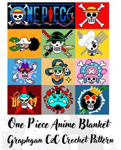 the one piece anime blanket is shown in different colors and sizes, including skulls, cross bones