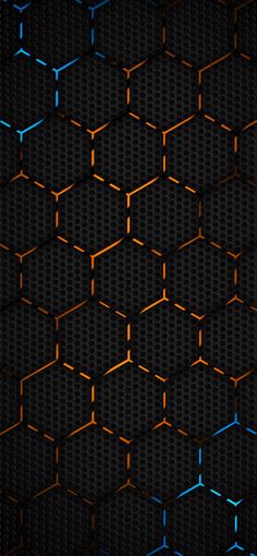 an abstract black background with orange and blue hexagons on it's sides