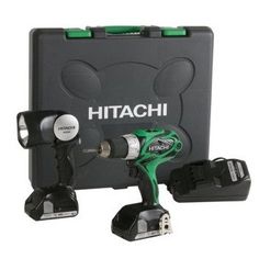 the hitachi cordless drill is set up in front of a tool box with two tools