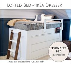 loft bed with ikea dresser and twin size bed instructions on the bottom shelf for full size bed