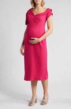 A bump-friendly party dress features a one-shoulder neckline and the joy of a pretty pink hue. One-shoulder neck Short sleeves Lined 96% viscose, 4% spandex Dry clean Imported Chic Pink One-shoulder Asymmetrical Dress, Chic Pink Off-shoulder Cocktail Dress, Pink Fitted Sleeveless Off-shoulder Dress, Pink Fitted Sleeveless Off Shoulder Dress, Elegant Pink Off-shoulder Dress For Cocktail, Elegant Pink Off Shoulder Dress For Cocktail, Elegant Pink Off-shoulder Cocktail Dress, Pink One Shoulder Feminine Dress For Spring, Feminine Pink One Shoulder Dress For Spring