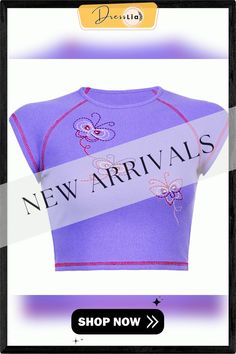 Summer Women's Casual Round Collar T-shirt Creative Embroidery Short Sleeve Midriff-baring Tops Slim Base Shirt Summer Crew Neck Tops With Floral Embroidery, Fitted Summer Tops With Embroidered Graphics, Fitted Tops With Butterfly Embroidery For Spring, Fitted Crew Neck Tops With Embroidered Text, Fitted Top With Butterfly Embroidery For Spring, Fitted Butterfly Embroidery Top For Spring, Trendy Embroidered Short Sleeve Tops, Fitted Embroidered T-shirt For Spring, Embroidered Fitted T-shirt For Spring