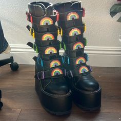 Never Worn, Women Size 9 Platform Boots, Rainbow And Black Black And Rainbow Wedding, Boots Rainbow, Crochet Candy, Platform Boots Women, Rainbow Wedding, Boots Women, Wedding Board, Platform Boots, Black Color