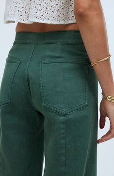 These wide-leg pants feature a specially engineered high waist you love and clean welt pockets in front. Garment-dyed for a worn-in look, they come in signature stretch twill for wear-every-day cool. 26 1/2" inseam; 19" leg opening; 11" front rise; 15" back rise (size 29) Zip fly with button closure Front welt pockets; back pockets 99% cotton, 1% elastane Machine wash, tumble dry Imported Trendy Green Ankle-length Wide Leg Pants, Green Cotton Wide-leg Work Pants, Workwear Wide Leg Ankle-length Pants With Welt Pockets, Madewell Wide Leg Crop, Outfit For Short Women, Maeve Colette Cropped Wide-leg Pants, Cropped Pants Outfit, Wide Leg Trousers Outfit, Fall Workwear