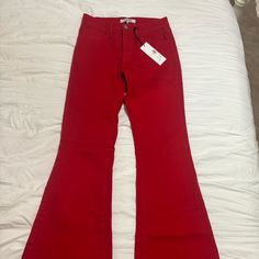 Womens O2 Red Denim Flared Size 24. Bottoms Have Been Cut Though. I Can Get You Length If Interested. Probably Fits Like A Short Length Red Denim Bottoms For Fall, Red Mid-rise Flare Jeans In Denim, Red High Waist Fitted Flare Jeans, Red Denim Flare Jeans For Spring, High Rise Red Jeans For Spring, Spring Red Denim Flare Jeans, Red High Rise Jeans For Spring, Red High-rise Jeans For Spring, Red Fitted High Waist Flare Jeans