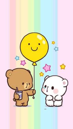 two cartoon bears holding onto a balloon with stars on the wall in the back ground