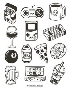 black and white drawing of different types of food, drinks and other things to eat